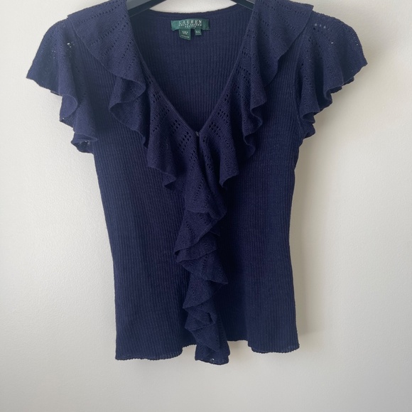 Navy Blue Knit Top with Pointelle Ruffles - Picture 2 of 9